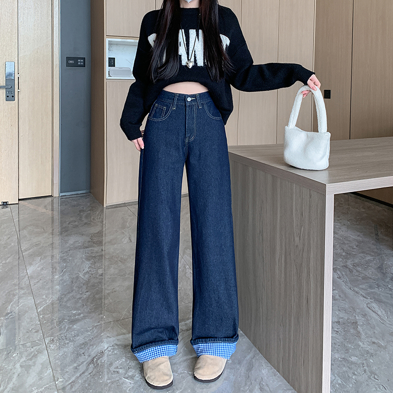 實拍~設計感拼接格子闊腿牛仔褲女春秋季新款寬鬆顯瘦長褲子