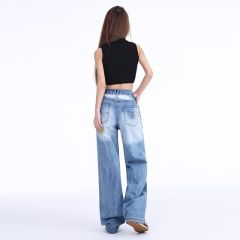 春夏季新款美式復古水洗寬鬆直筒牛仔褲女繡花垂感闊腿褲子
