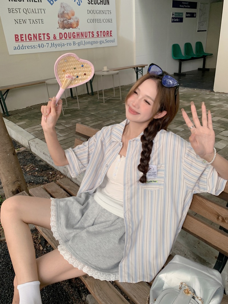 實拍夏季可愛貼布刺繡小狗寬鬆條紋襯衫女2025百搭休閒五分袖開衫
