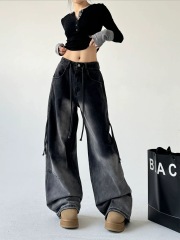 Personalized high street washing gradient jeans for women 2025 spring new American casual loose straight floor pants