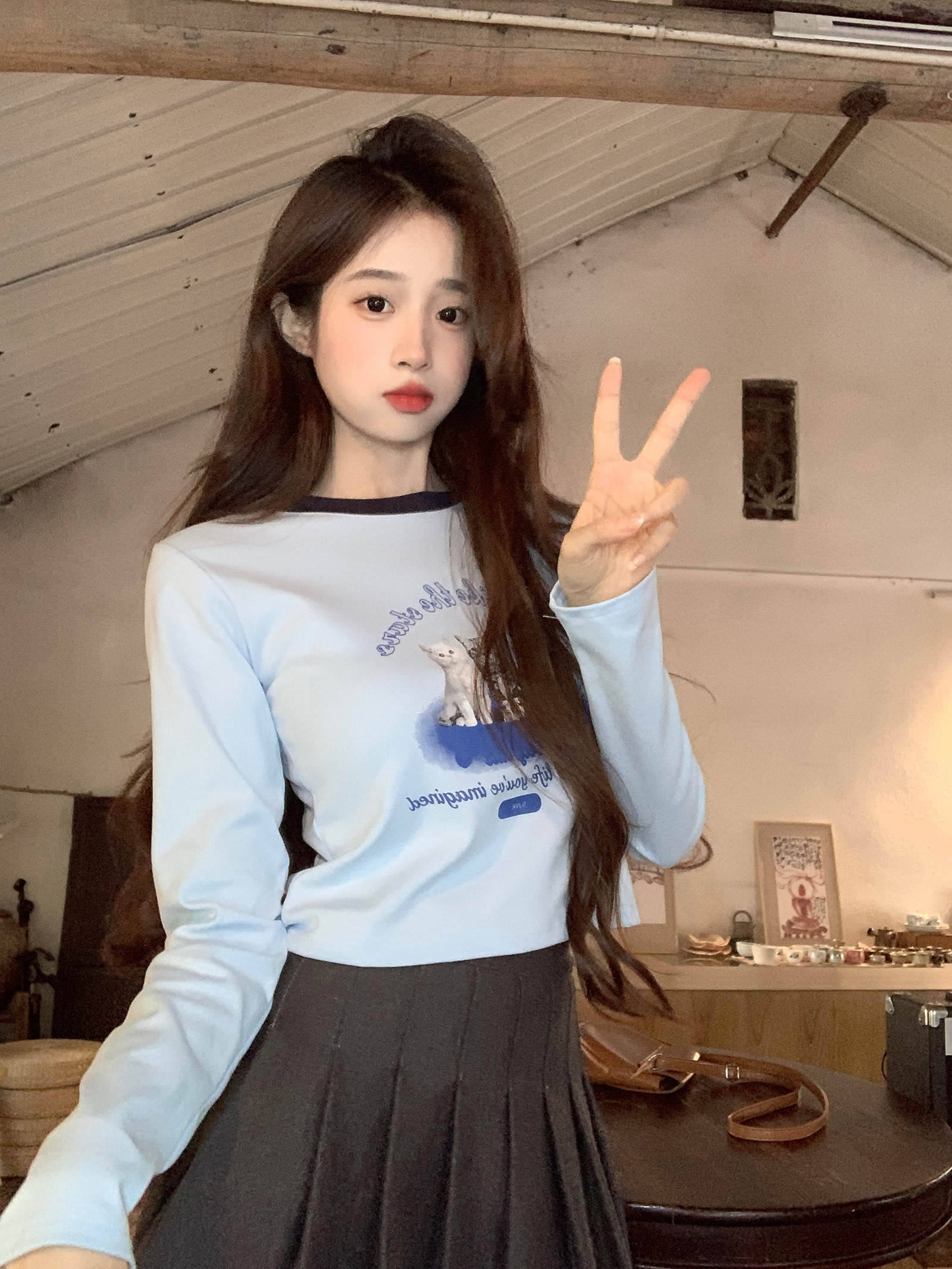 實拍雙面拉架220克長袖t恤女裝2025早春新款薄修身打底衫撞色圓領