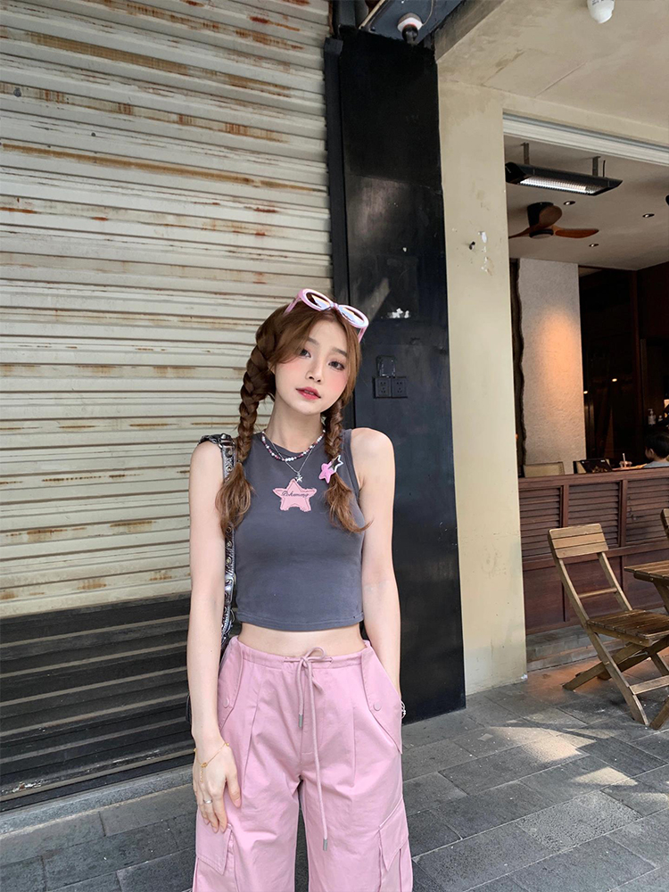 美式辣妹設計感星星貼布背心女夏修身顯瘦氣質百搭上衣