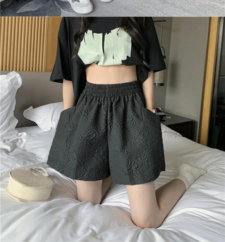 休閒褲女夏設計感小眾褶皺短褲高腰顯瘦闊腿褲寬鬆直筒褲