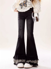 辣妹格子拼接微喇叭牛仔褲女美式復古高腰修身顯瘦荷葉邊馬蹄褲子