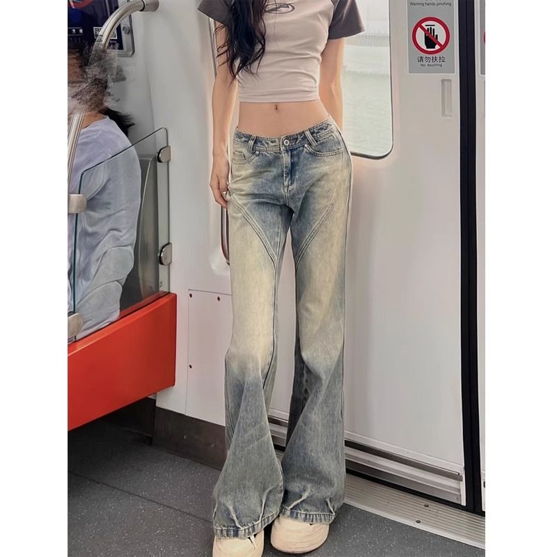 美式復古高街不貼腿微喇叭牛仔褲女秋季新款高腰顯瘦闊腿馬蹄褲子