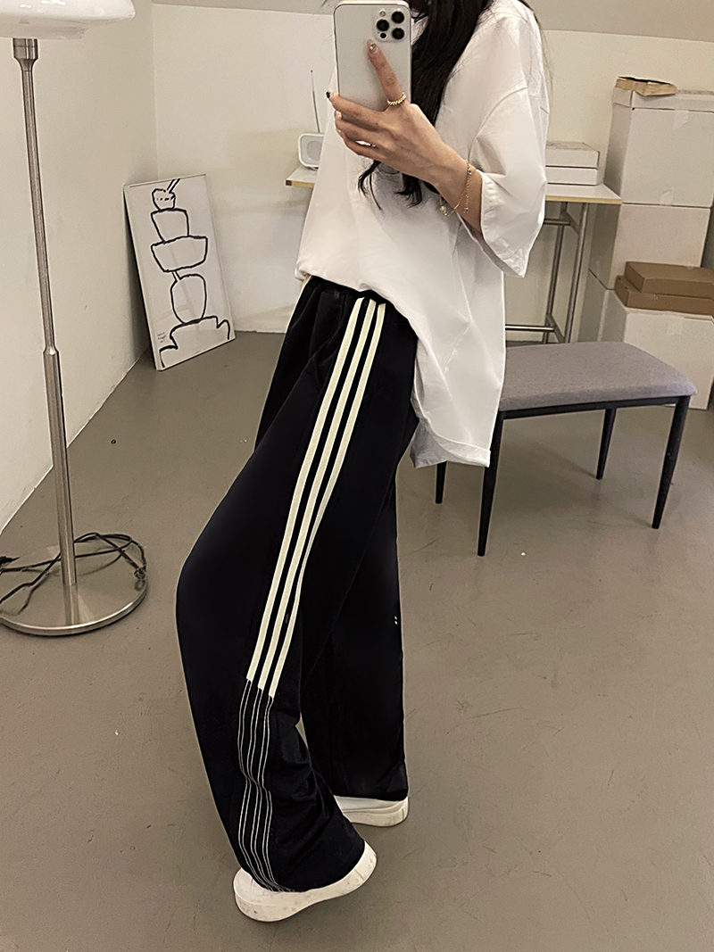 實拍  春季美式復古條紋運動衛褲女寬鬆潮直筒休閒闊腿褲