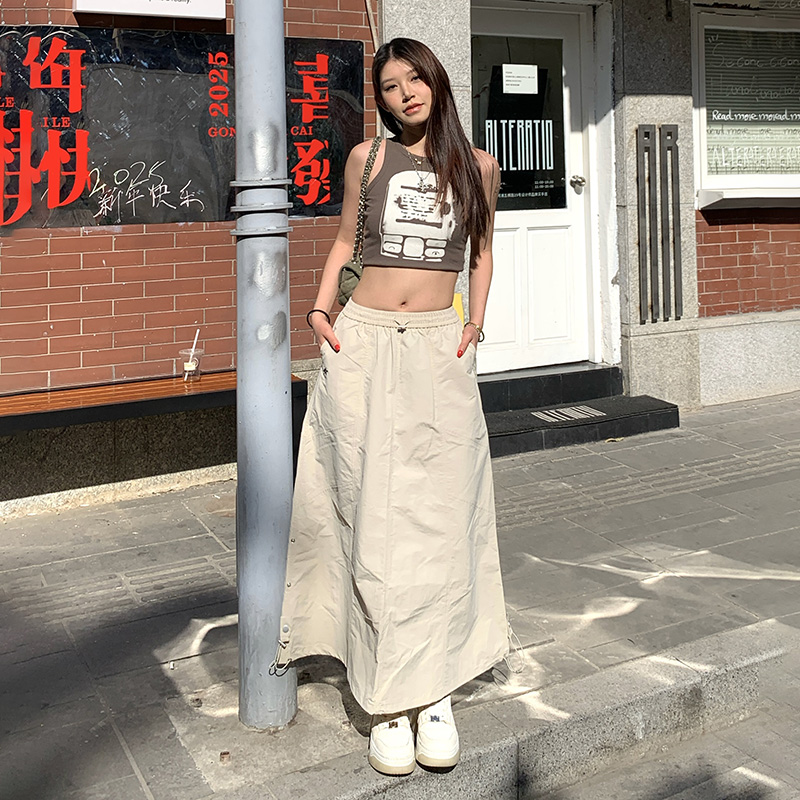 Real shot of 25 spring and summer new CLP sweet and spicy casual lazy tight waist over knee umbrella skirt drawstring loose A-line skirt for women