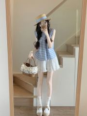 甜美時尚套裝女夏季藍色格子小衫背心白色刺繡蕾絲蛋糕短裙兩件套