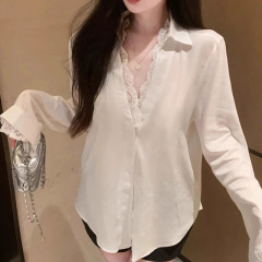 春秋蕾絲拼接假兩件中長款襯衫寬鬆慵懶御姐長袖上衣女