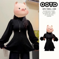 半高領黑色長袖T恤女春秋收腰顯瘦修身燈籠袖上衣