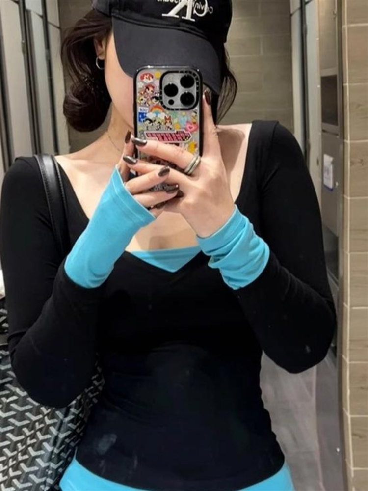拼接假兩件長袖T恤女2025早春韓系高級V領修身撞色上衣
