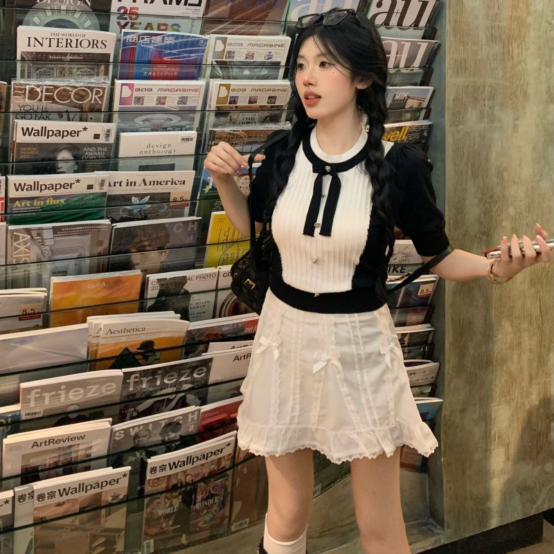 韓版修身小香風撞色針織衫女夏季小個子蝴蝶結設計感小眾短袖上衣