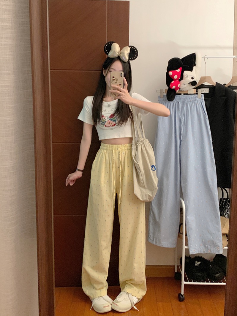 實拍 原版有口袋 波點闊腿褲女夏季休閒高腰垂感休閒褲
