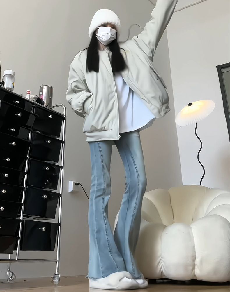 復古毛邊微喇牛仔褲女春秋新款美式高腰顯瘦彈力喇叭褲子潮
