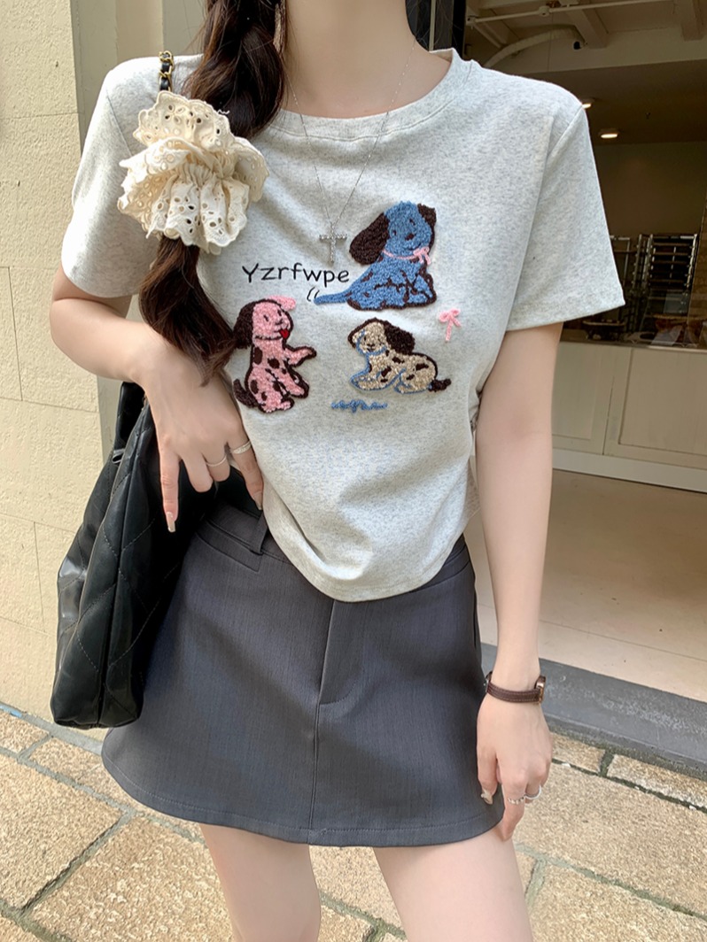 實拍1*1螺紋210克短袖t恤夏2025潮刺繡正肩修身短款圓領上衣女裝