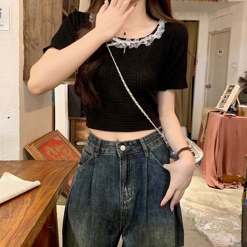 實拍短袖t恤夏女2025修身潮正肩優雅蕾絲泡泡袖短款圓領韓版上衣