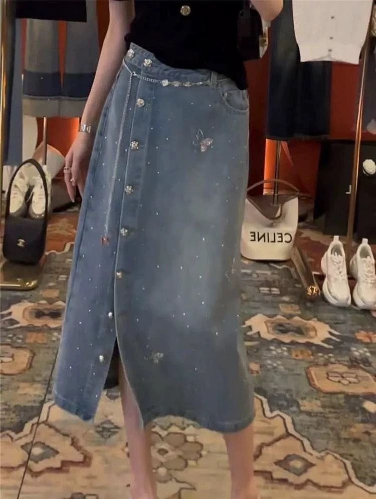 Korean Heavy Industry Beaded High-Waisted Denim Skirt for Women - Autumn New Arrival, Unique Design with Side Slits A-Line Skirt