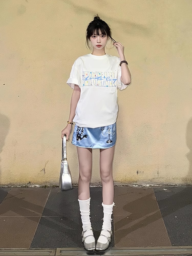 High-quality pure cotton 200g 100% cotton combed tight high-quality workmanship front and rear printing short-sleeved T-shirt for women