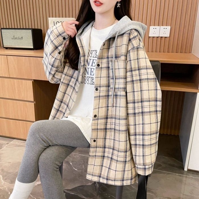 Real photo of original cloth plaid back collar quality hooded plaid thin spring and autumn shirt mid-length jacket