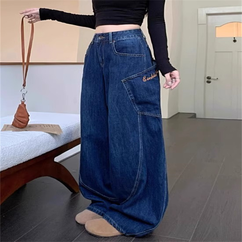 常規+加長  復古大口袋彎刀牛仔褲女春秋新款設計感寬鬆闊腿褲子