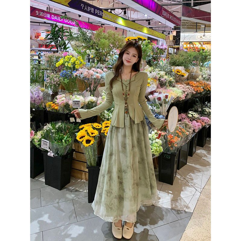 Original quality new Chinese style thin long-sleeved sunscreen cardigan + suspender + floral skirt for women in summer