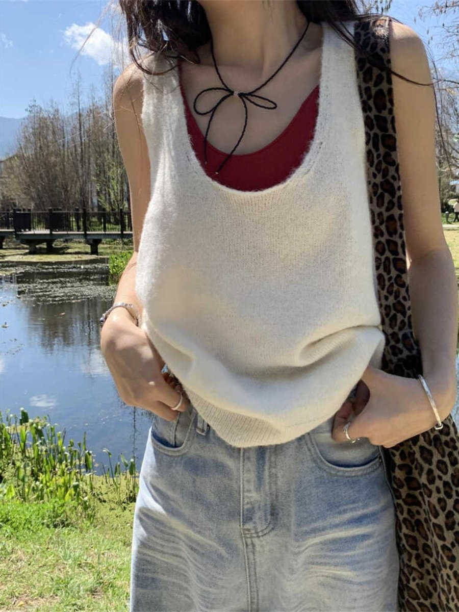 純色吊帶背心疊穿寬鬆針織馬甲背心女夏季設計感別致無袖上衣ins