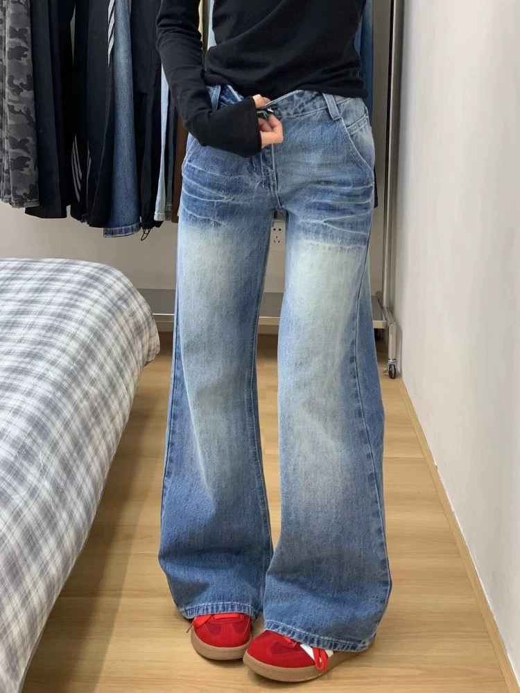 藍色高腰微喇牛仔褲女早純新款韓版馬蹄褲顯瘦闊腿喇叭褲子