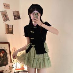 New Chinese style suit for women in summer new style button design short top waist slim skirt