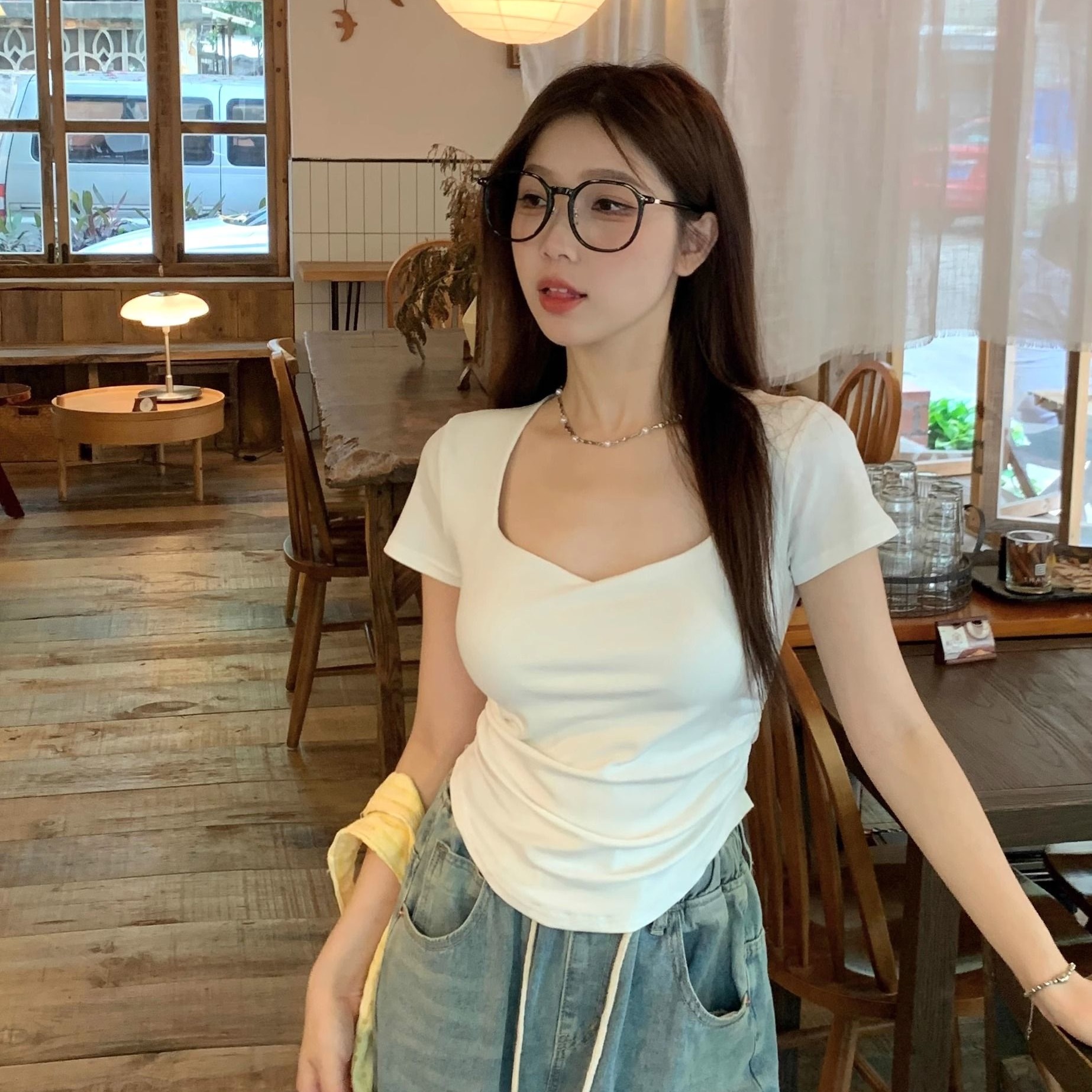 夏季新款褶皺修身桃心領純欲百搭正肩純色簡約鎖骨上衣T恤女