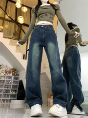 實拍梨形身材復古藍牛仔褲女直筒春秋遮肉顯瘦寬鬆腿粗闊腿褲
