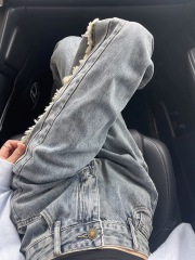 Retro Blue Frayed Hem Women's Spring and Autumn Season 2025 New Arrival Petite High-Waist Wide-Leg Straight Leg Pants