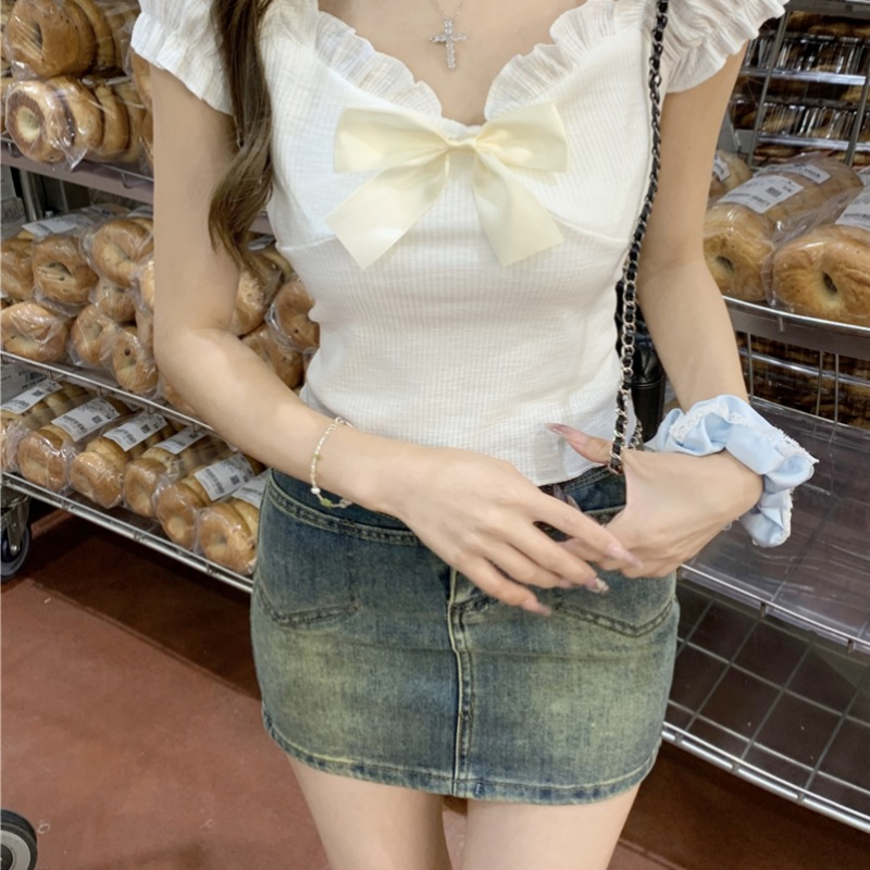 蝴蝶結短款正肩短袖T恤衫女夏季新款設計感修身上衣