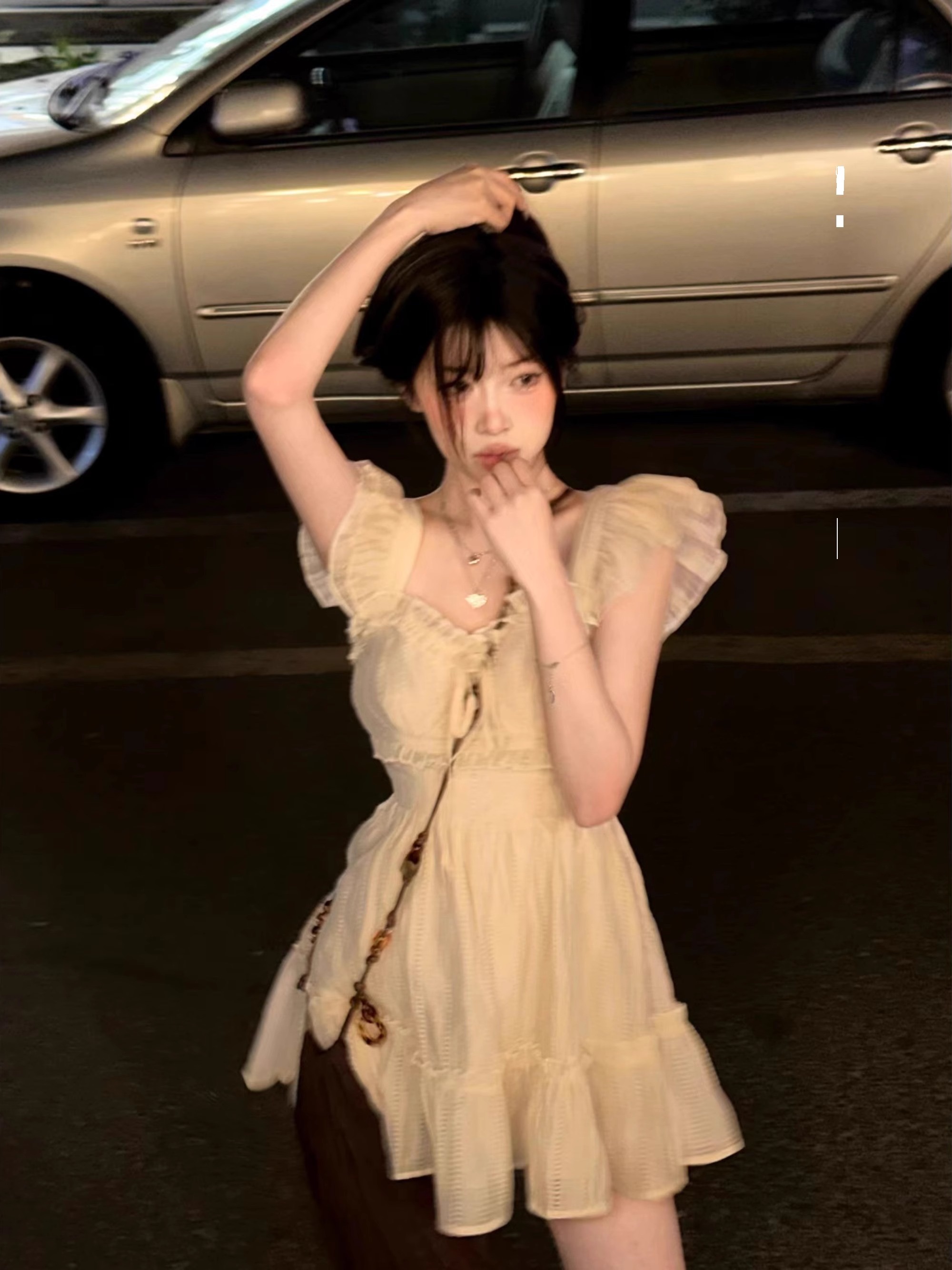 夏季新款法式甜美純欲風方領小飛袖連衣裙女小個子收腰顯瘦短裙子