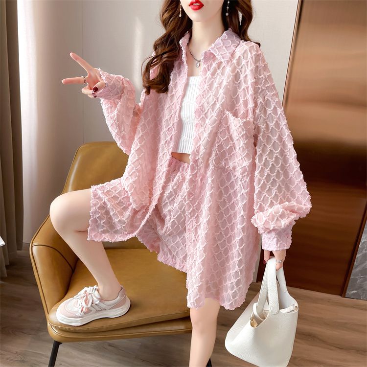 Real photo original workmanship quality sun protection breathable cardigan shorts set large size fashion two-piece set
