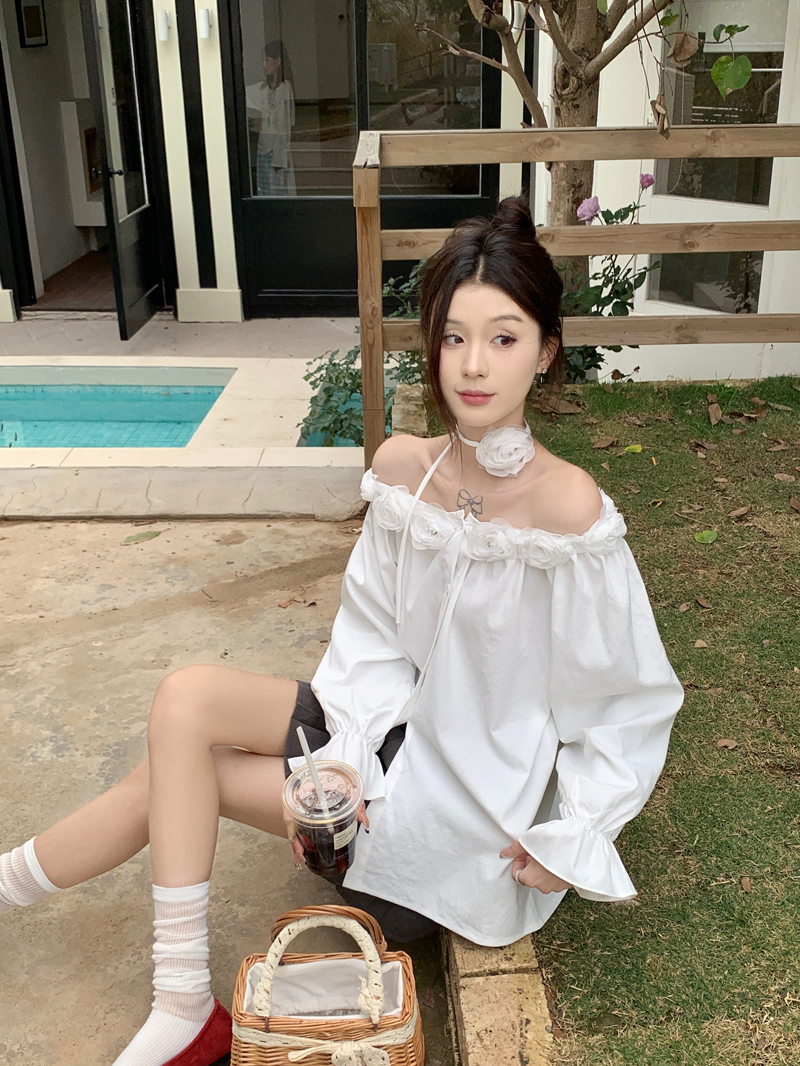 實拍韓系甜美立體花朵一字領襯衫女春季新款絕美喇叭袖別致氣質