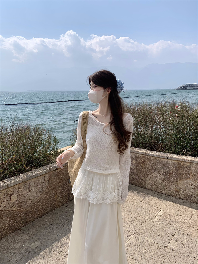 實拍 設計感防曬拼接花邊假兩件上衣+百搭珠光半身裙