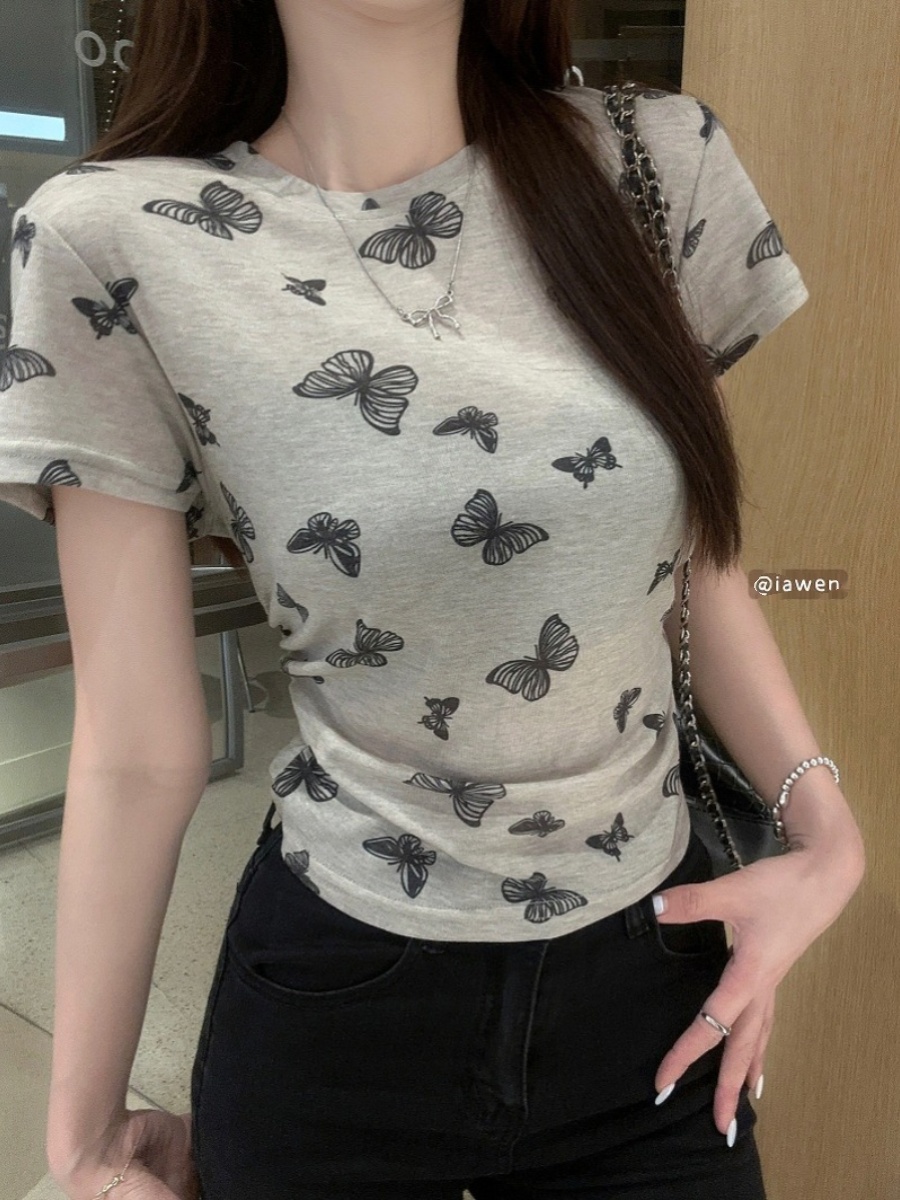 蝴蝶短袖t恤女2025夏季新款修身顯瘦美式復古辣妹短款正肩上衣ins