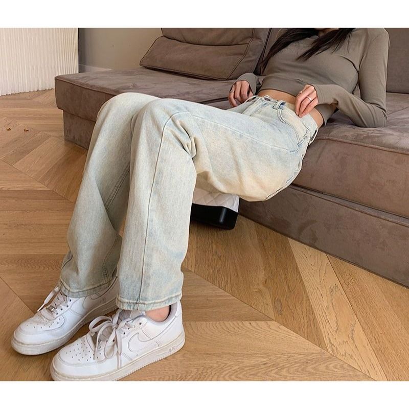 韓版高腰百搭水洗窄版直筒牛仔褲女2025早春顯瘦款辣妹vibe長褲子