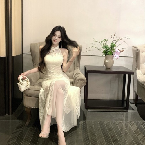 实拍~中式国风长裙夏收腰显瘦温柔气质白月光旗袍鱼尾连衣裙