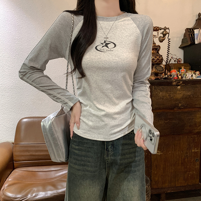 實拍1比1螺紋長袖t恤女裝插肩袖早春新款薄修身打底衫圓領上衣