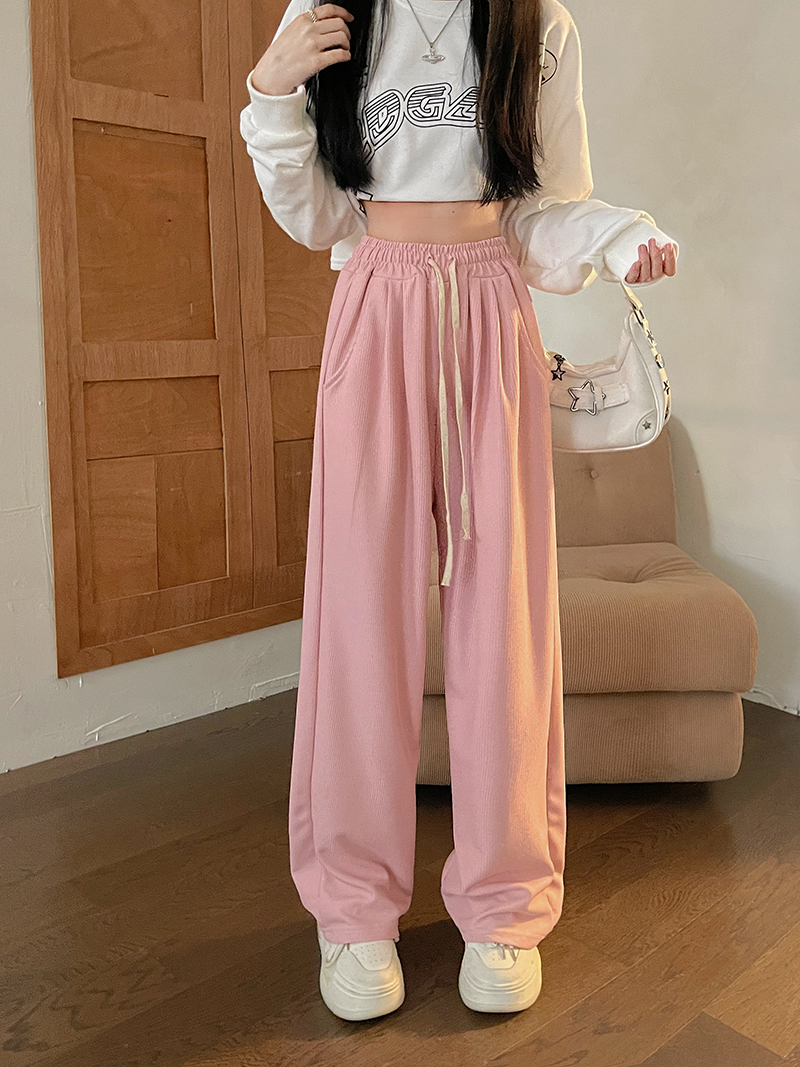 實拍  春季粉色休閒衛褲女寬鬆直筒闊腿運動褲