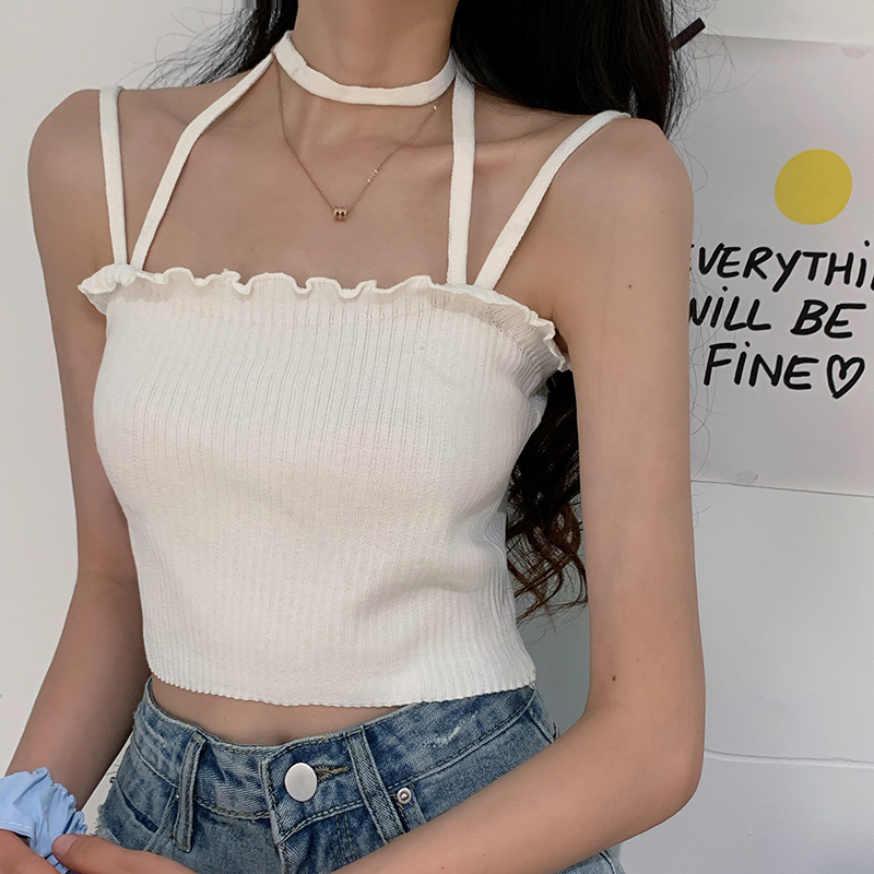 無袖吊帶設計感小眾外穿2025年新款夏季韓版木耳邊掛脖背心女學生