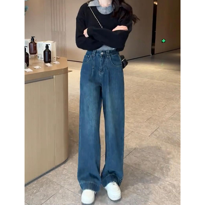 個性潮流闊腿牛仔褲女春秋季新款高腰顯瘦寬鬆水洗直筒拖地牛仔褲