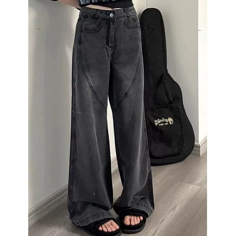 直筒牛仔褲女春秋新款高腰顯瘦設計感小眾寬鬆遮胯梨型身材闊腿褲