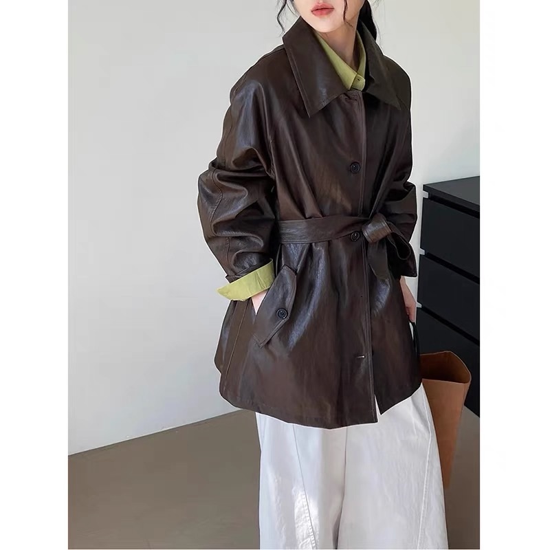 Women's Coffee Color Leather Jacket 2025 New Arrival High-end Style Trendy Jacket for This Year Petite Spring Very Stylish