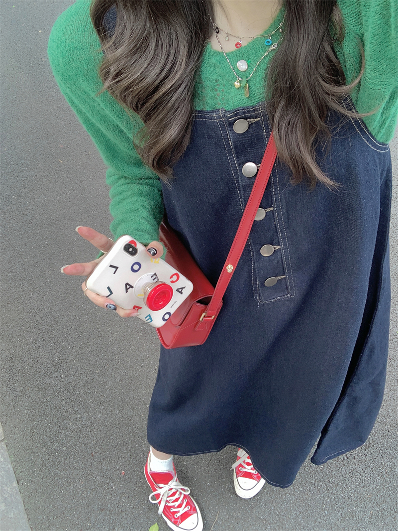 實拍#2025春季新款復古牛仔背帶裙中長連衣裙+綠色百搭針織衫