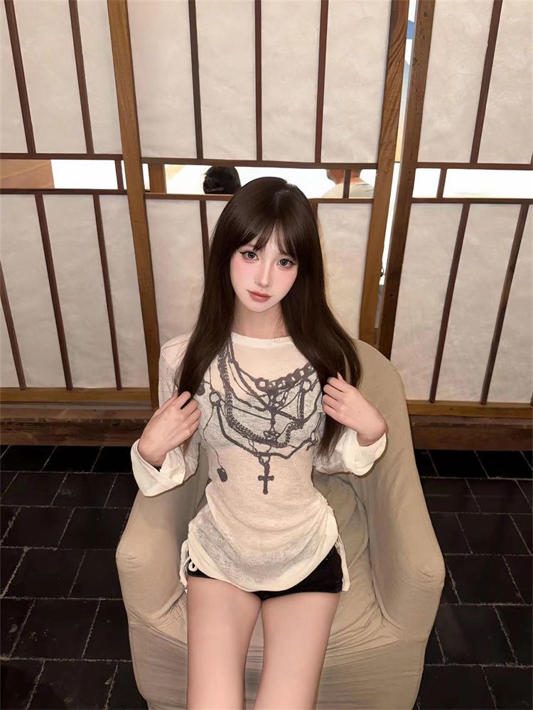 美式辣妹長袖t恤顯瘦薄款罩衫設計感絕美一字肩上衣