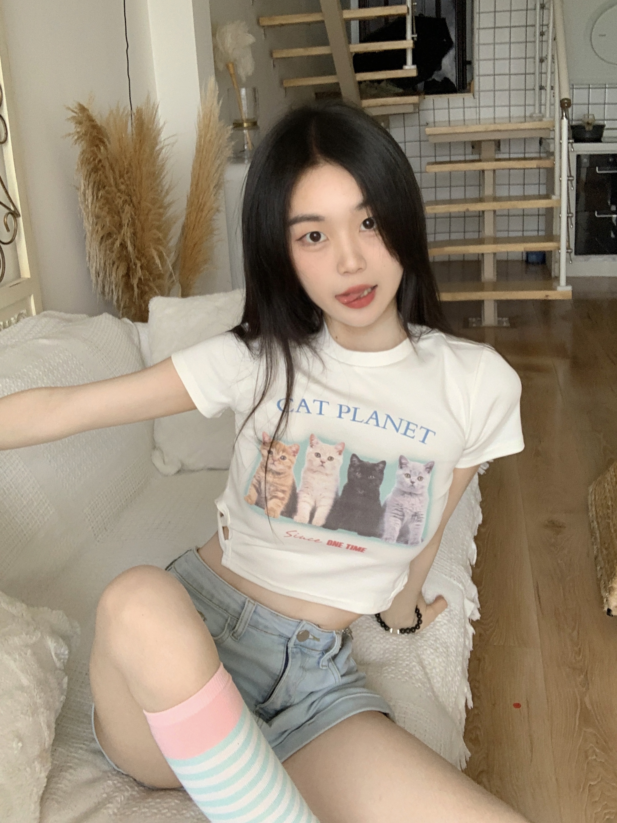 實拍～喵系女友貓咪印花T辣妹露臍短款/寬鬆常規2版本
