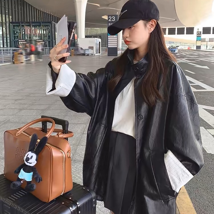 Black Retro Stand Collar Medium-Length Women's Leather Jacket 2025 Spring and Autumn New Arrival High-End Casual Loose PU Windbreaker