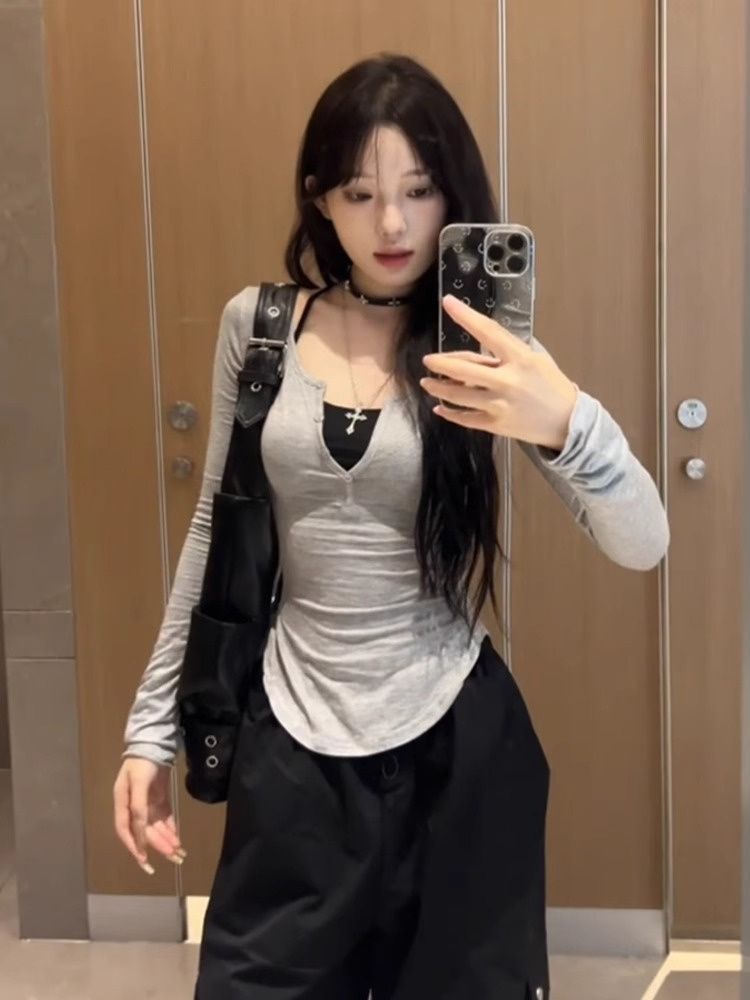 甜辣妹圓領正肩長袖t恤女2025戳秋季新款復古修身顯瘦打底衫上衣